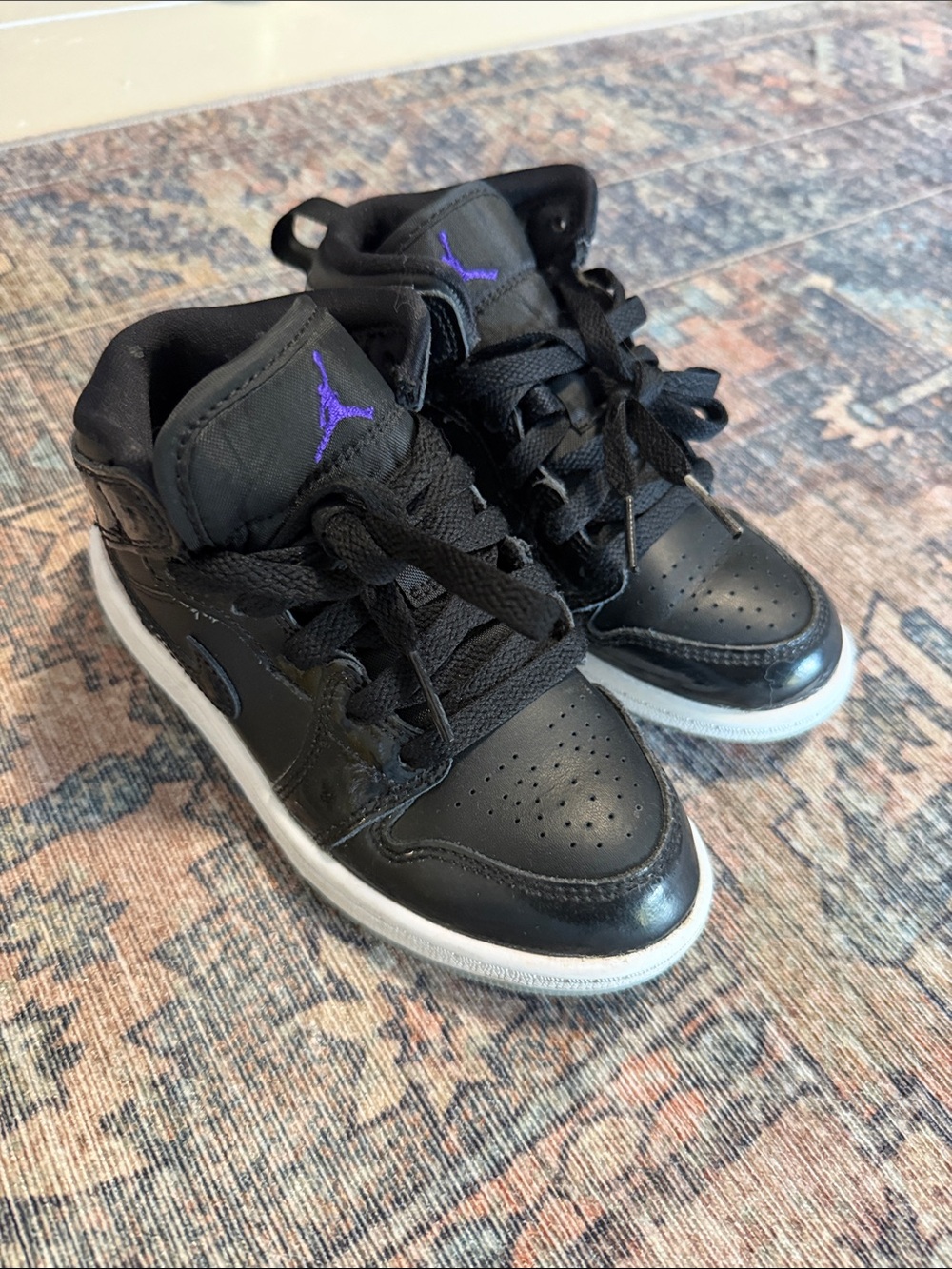 Jordan Kids Black High-Top Sneakers with Purple Jumpman